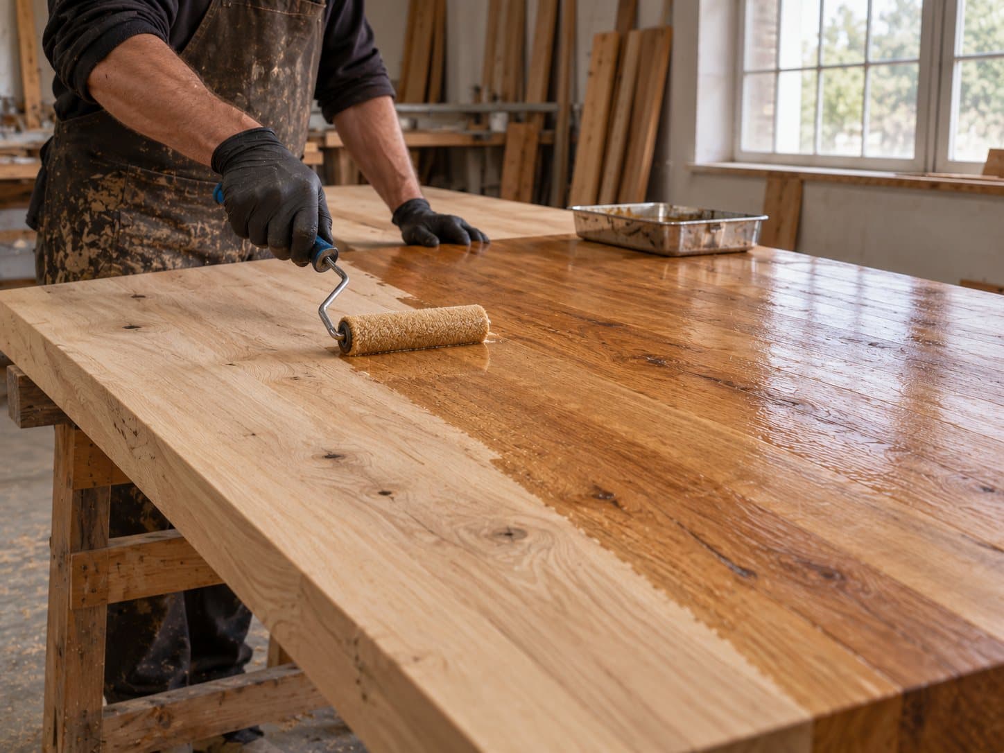 Oiling an oak table top on the finishing line