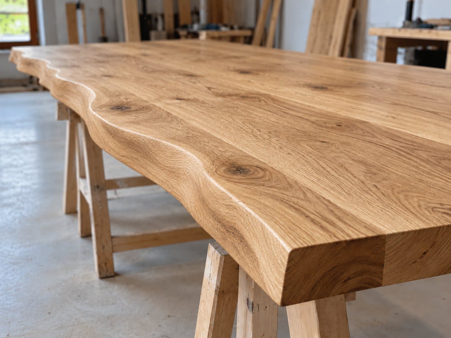 Live edge table top on trestles